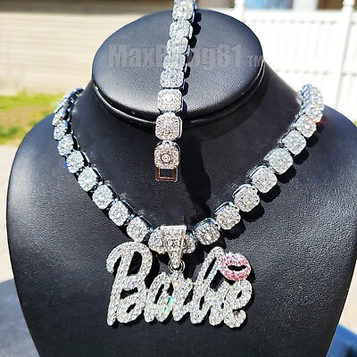 #ad Women Large Barbie Pendant amp; Iced Cubic Zirconia Chain Necklace amp; Bracelet Set $19.99