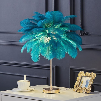 #ad LINCWONZ White Ostrich Feather Lamp Modern Bedside Lamp Bedroom Table Blue $113.22