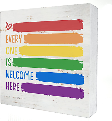 #ad #ad Every One Is Welcome Here Wood Box Sign Decor Rustic Pride Rainbow Quote Wooden $21.24