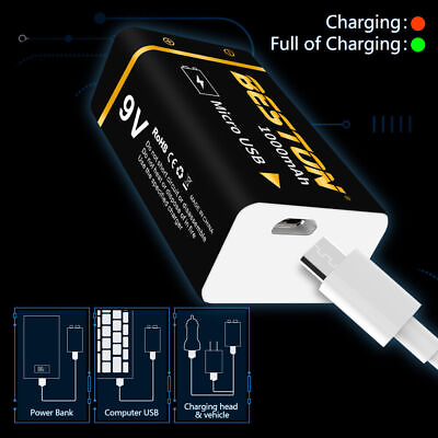 #ad 1000mAh 9V Li ion Rechargeable Batteries 9 Volt USB Charging Battery Lot Black $64.95