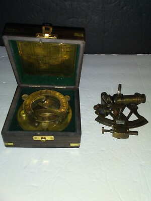 #ad J.H Steward Brass Sundial Maritime Nautical Compass With Wooden Box and Sextant $59.99