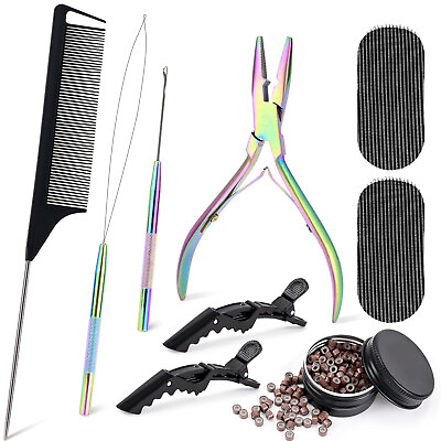 #ad Hair Extension Tool Kit Beading Pliers Loop Pulling Hook amp; 300 Micro Beads USA $15.99
