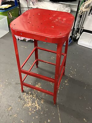 #ad 1940’s Industrial Red Metal Stool Weathered And Distressed. H $149.99