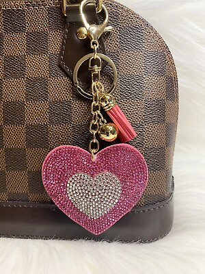 #ad Bling Heart bag Charm keychain fob tassel Gold Pink Clip on purse new Handmade $12.99