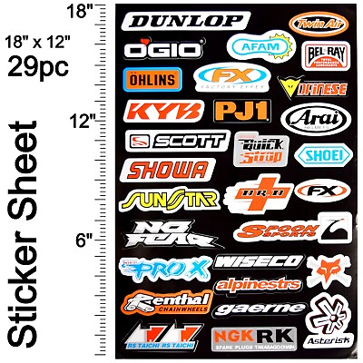 #ad 29 Piece 18quot;x12quot; Sticker Decal Sheet MX ATV Motocross Dirt Bike Sponsors Logos $13.95