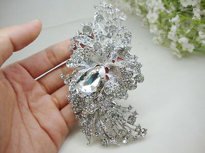 #ad Bridal Long Flower Cluster Bridal Pendant Brooch Pin Clear Rhinestone Crystal $12.37
