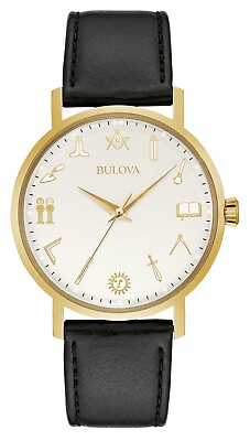 #ad Bulova Masonic Men#x27;s Quartz Gold Black Leather Vintage Design Watch 39MM 97A149 $123.99