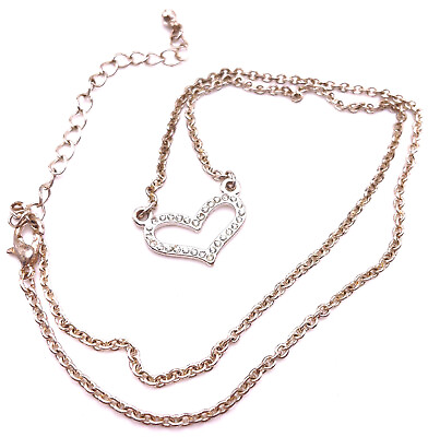 #ad Rhinestone Heart Necklace Delicate Heart Pendant Silver Tone Chain $9.99