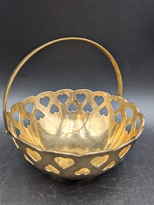 #ad Vintage Solid Brass Heart Basket Made in India Antique Brass Patina Solid Handle $12.99