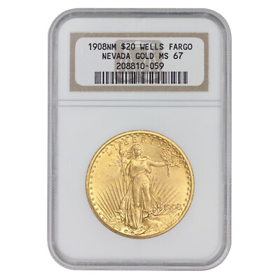 #ad 1908 $20 Gold Saint Gaudens Double Eagle NGC MS67 No Motto Wells Fargo Gem coin $6820.00