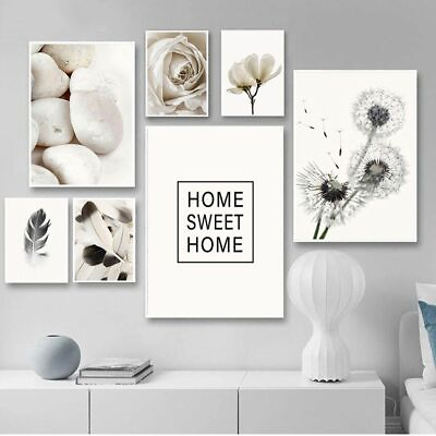 #ad White Rose Flower Feather Dandelion Wall Art Canvas Painting Nordic Poster Decor $18.99