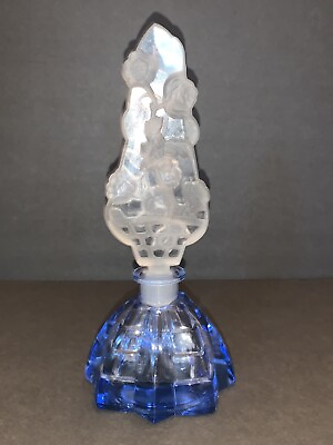 #ad Vintage Signed CZECH Art Deco BLUE Crystal Perfume Bottle Flower Dauber Intact $250.00