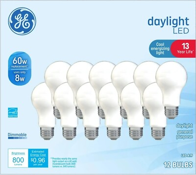 #ad GE LED Light Bulbs 60 Watt Daylight A19 Dimmable. 12 PACK $18.97
