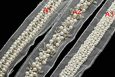 #ad 5.5 Yards Pearl Beaded Trim Pearl Lace Trim Bead Rhinestone Trimming Sash Fabric $25.20