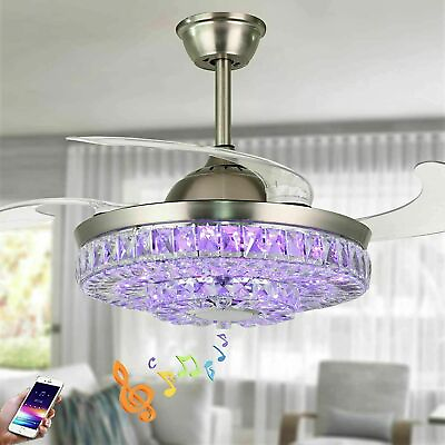 #ad 42quot; Crystal Ceiling Fan 7 Color Light Bluetooth Music LED Chandelier w Remote $146.99
