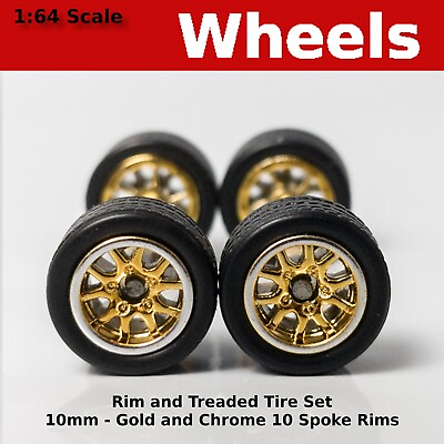 #ad 10 10mm Gold Chrome 10 Spoke Blackwall Treaded rubber tire set. for Hot Wheels $3.89