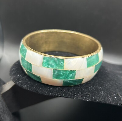 #ad Vintage Mother of Pearl Inlaid Geometric Pattern Bangle Bracelet 2.75” Opening $11.99