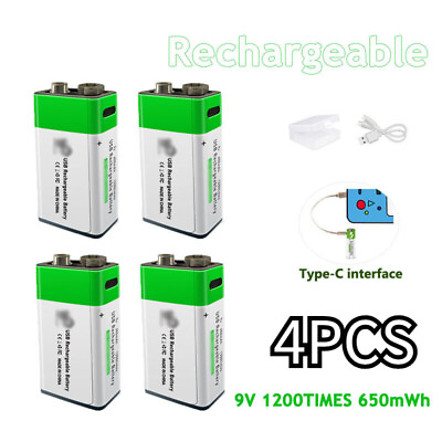 #ad 4PCS Li ion USB Rechargeable Battery 9V 650mWh Battery Fast Charge Type C Cable $40.98