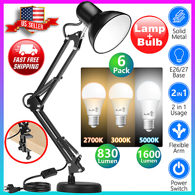 #ad Black Desk Lamp Adjustable Swing Arm 6pack 2700K3000K5000 LED Light Bulbs $30.99