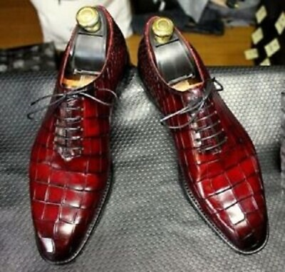 #ad HANDMADE ALLIGATOR OXFORD LACE UP BURGUNDY DRESS SHOES MEN CROCODILE PARTY SHOES $169.99