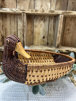 #ad Vintage Wicker Wrapped Woven Rattan Duck Trinket Basket Bowl Wood Beak $10.99