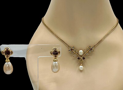 #ad Vintage Victorian Pearl Crystal Necklace Earrings Parure Set $49.95