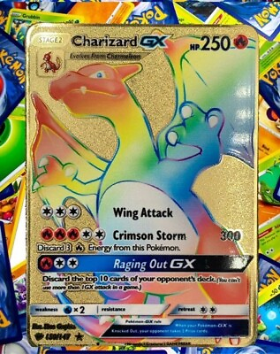 #ad Charizard GX Rainbow Gold Metal Pokémon Card Collectible Gift $9.50