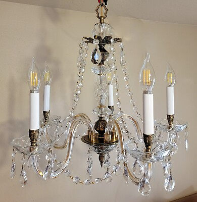 #ad #ad Vintage Spanish Brass and Crystal Prism Chandelier 5 Arm $275.00