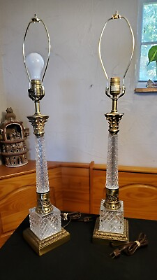 #ad Set Of Underwriters Laboratories Vintage Brass And Crystal Desk Table Lamps Work $141.09