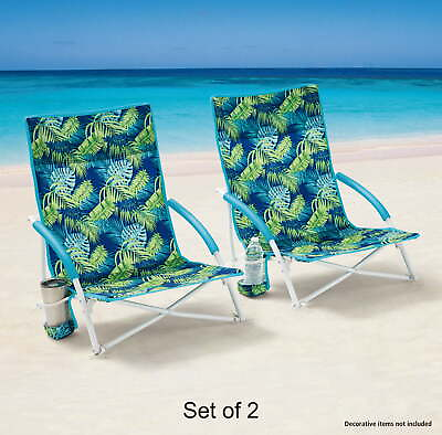 #ad 2 Pack Folding Low Seat Soft Arm Beach Bag Chair with Carry Bag Green Palm $17.98