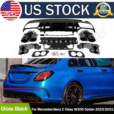 #ad C43 STYLE REAR DIFFUSER ROUND BLACK EXHAUST TIPS FOR 2015 2021 BENZ W205 SEDAN $284.86