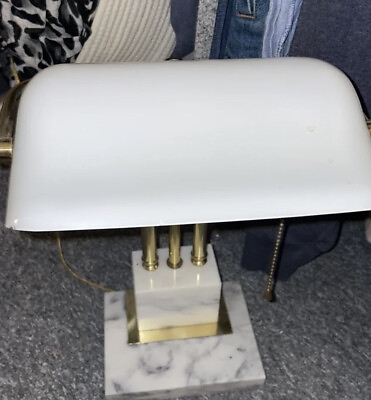 #ad Vintage 1950s Art Deco Marble Base Brass Bankers Desk Lamp White Glass Shade $315.00