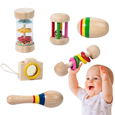 #ad NEW Wooden Baby Toys Montessori Toys Set Wooden Rattles Grasping Toys Wood 6Pcs $19.93