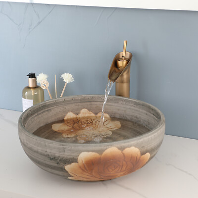 #ad Hand Painting Bathroom Round Ceramic Basin Vessel Sinks Waterfall Faucet Drain $225.00