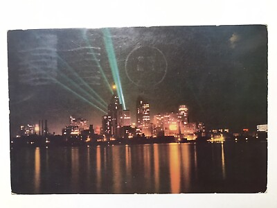#ad Vintage 1952 Detroit Skyline At Night Seen From Windsor Canada Shore Postcard $3.99