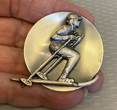 #ad Vintage Skier Pin downhill racer sculpted 3D ski unisex brushed stainless steel $13.95