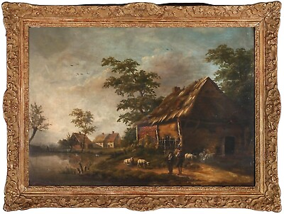 #ad Dutch School Mid 19th Century Oil Morning at the Farm $805.33