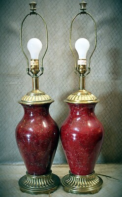 #ad Vintage Red Table Lamps Pair 2 Ethan Allen Brass and Marble like Ceramic 30quot; tal $150.00