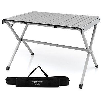 #ad 4 6 Person Portable Aluminum Camping Table Lightweight Roll Up Table Grey $79.99