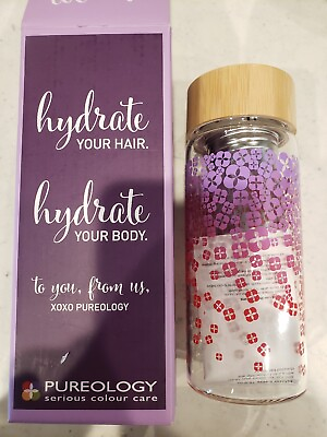 #ad PUREOLOGY Hydrate Glass Infuser Water Tea Fruit Bottle w Bamboo Lid: NEW IN BOX $11.95
