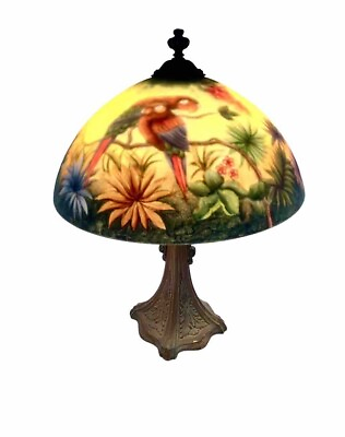 #ad Antique Lamp Reverse Painted Parrot Macaw Bird Glass Handel Design Tiffany Style $4800.00