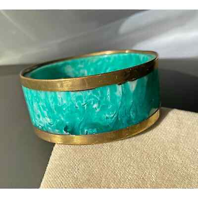 #ad Marbled Bangle Bracelet Brass Edge Wide Lucite Sea Foam Green amp; White Layered $245.00