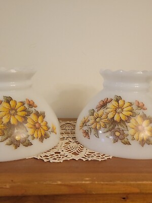 #ad Set of 2 Vintage 8” Fitter Milk Glass Hurricane Lamp Shade Floral Ruffled Top $39.95