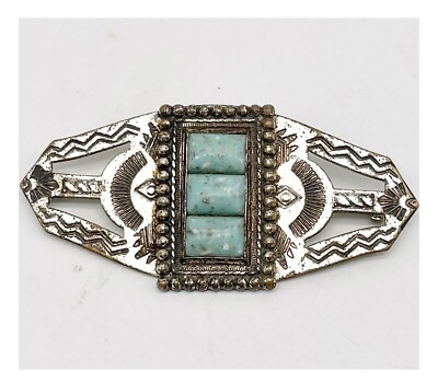 #ad Vintage Southwest Faux Turquoise Mixed Metal Silver Brooch Pin 2.8”L $12.95