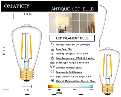 #ad 2w LED Edison Bulb 25w Equivalent 3000k Soft White E26 ST48 Lot of 8 $18.00