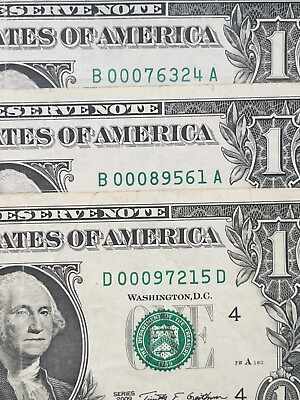 #ad LOW amp; FANCY SERIAL NUMBER STARTING WITH 000 3x ONE DOLLAR BILL FEDERAL RESERVE🍀 $14.99