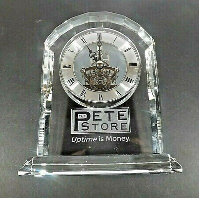 #ad Clear Crystal Quartz Mantle Table Clock Promotional quot; The Pete Store quot;Brand New $28.00