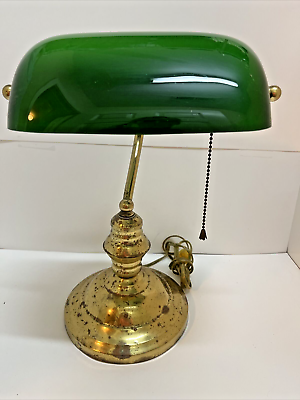 #ad Vintage Bankers Desk Lamp Adjustable Swivel Arm Emerald Green Cased Glass Shade $99.99