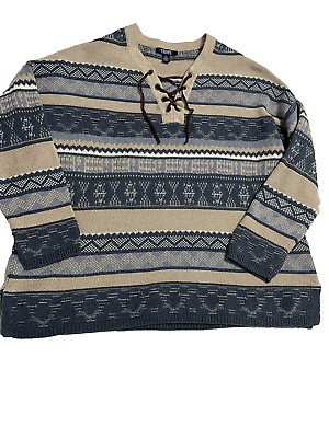 #ad Chaps Large Sweater Blue Tan Pullover Striped Neckline Criss Cross Tie Women#x27;s $19.95