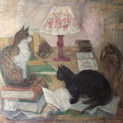 #ad Gorgeous Painting ECOLE de PARIS CATS on DESK Original Oil on Canvas C.1930 $9800.00